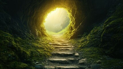Poster - Mossy Cave Path Leading to Sunlight