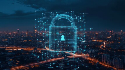 Aufkleber - Digital Lock Over Night Cityscape Illuminating Cyber Security