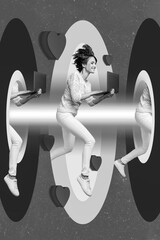 Wall Mural - Vertical collage image of excited cheerful girl use netbook jump portal receive like notification facebook instagram tiktok