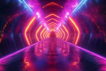 Canvas Print - An abstract modern tunnel that is beautifully illuminated with vibrant and colorful neon lights, resulting in a mesmerizing and futuristic atmosphere that captivates the senses and draws attention