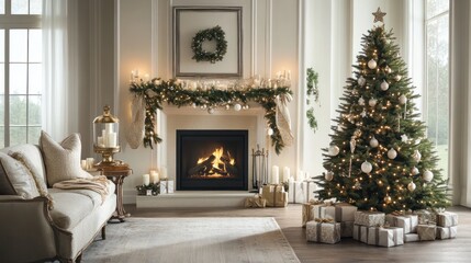 Wall Mural - Elegant Christmas Living Room Fireplace Decorated