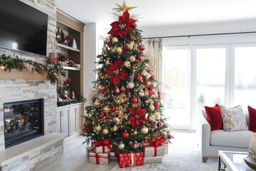 Wall Mural - Elegant Red Gold Christmas Tree Festive Decor