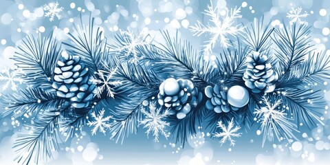 Poster - Festive Winter Branches with Pinecones and Snowflakes