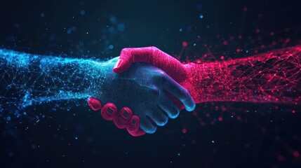 Poster - digital handshake, technology partnership, abstract connection, blue and red tones, futuristic design, virtual collaboration scene