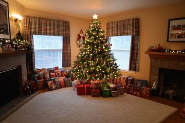 Wall Mural - Christmas Tree Lit Surrounded By Presents In Living Room