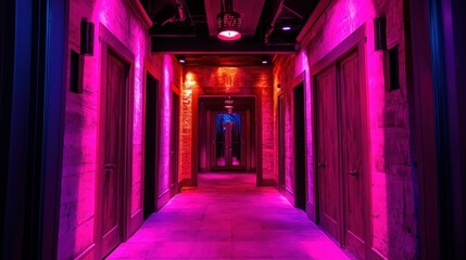 Aufkleber - neon lit hallway with multiple doors and pink lighting