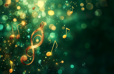 Poster - Vibrant musical notes and symbols sparkle against a green background creating an enchanting atmosphere