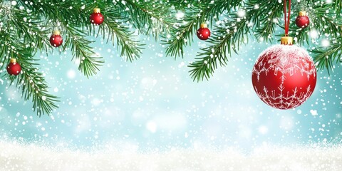 Poster - Festive Christmas Ornament Snow Scene With Pine Branches