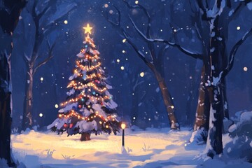 Wall Mural - A Magical Christmas Tree In A Snowy Winter Forest