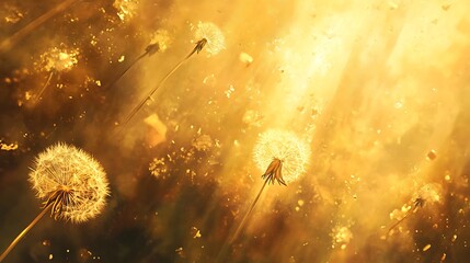 Wall Mural - Golden Dandelions Seeds Floating in Sunlight