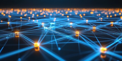 Poster - Abstract Network Showing Interconnected Nodes and Data Flow