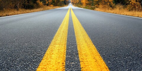 Poster - Wet Asphalt Road With Double Yellow Lines Leading Into Autumn Woods