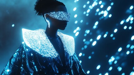 Poster - A woman in a futuristic outfit stands in a blue light, her face obscured by a glowing mask.