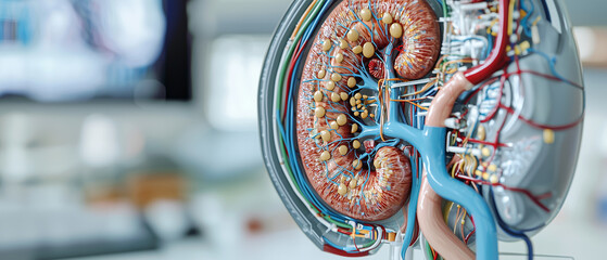 Poster - Anatomical model of artificial kidney highlighting detailed internal structures, including blood vessels and filtration components, in medical setting
