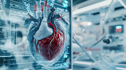 Aufkleber - futuristic artificial heart in high tech medical setting, surrounded by digital interfaces and advanced technology, showcasing innovation in healthcare and biotechnology