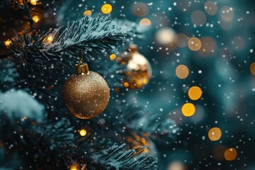 Poster - Snowy Christmas Tree with Golden Ornaments and Lights