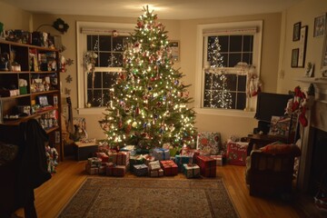 Wall Mural - Christmas Tree Lit With Ornaments And Presents Underneath