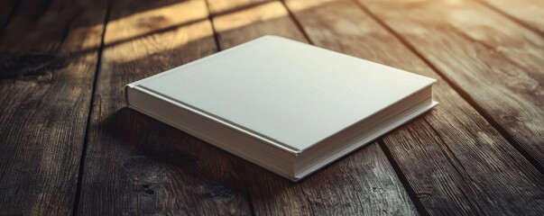 Poster - Blank White Book Rests On Wooden Surface