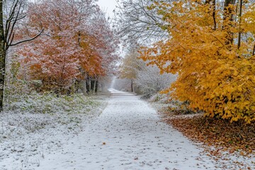 Poster - Snow Covered Path Autumn Leaves Winter Scene