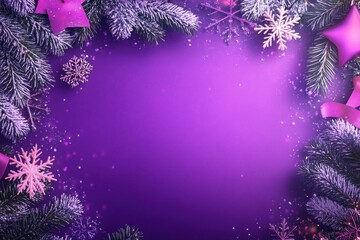 Wall Mural - A purple background with a Christmas tree, ribbon, and snowflakes, glowing stars, shiny in light pink and dark violet, with white space in the center of the picture and large empty area Generative AI