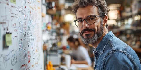 Poster - Man with Glasses Smiles Near Whiteboard Filled with Notes