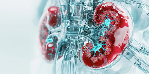 Poster - conceptual art piece depicting artificial kidney blending anatomy and technology, showcasing intricate details of renal system with futuristic design