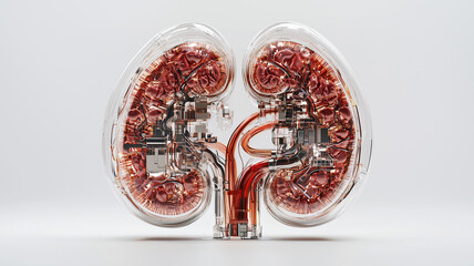 Poster - futuristic artificial kidney design showcases intricate anatomical details and advanced technology, highlighting innovation in medical engineering