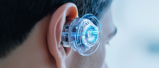 Aufkleber - futuristic cochlear implant design is shown within ear, highlighting advanced technology and innovation in auditory devices. transparent structure reveals intricate electronic components
