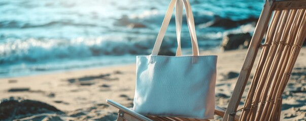 Sticker - Light Blue Tote Bag Rests On Wooden Beach Chair