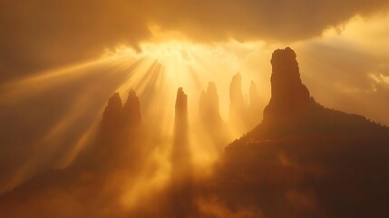 Wall Mural - Golden Sunset Rays Illuminate Majestic Desert Rock Formations