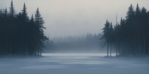 Poster - Serene Winter Landscape With Foggy Forest And Frozen Lake
