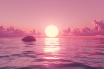 Poster - Pink Sunset Over Calm Ocean With Single Rock