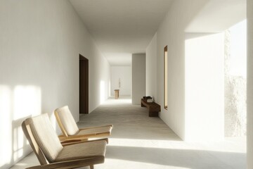 Poster - Minimalist White Hallway With Wooden Chairs And Bench