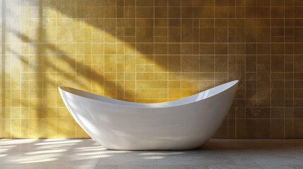 Wall Mural - Modern White Freestanding Bathtub Against Gold Tile Wall