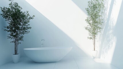 Poster - Modern minimalist bathroom with freestanding bathtub and plants