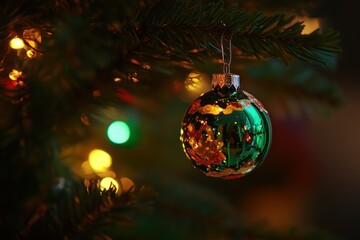 Poster - A Green Christmas Ornament Hangs On A Tree
