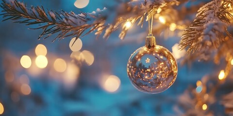 Poster - Golden Ornament Hangs On A Snow Covered Christmas Tree