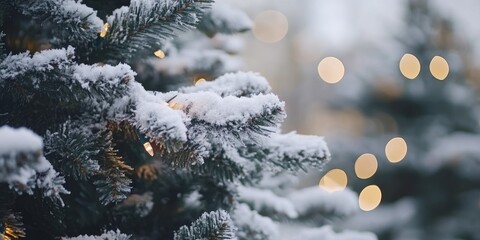 Poster - Snow Covered Pine Tree Branches With Lights