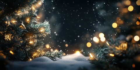Poster - Festive Christmas Tree Branches In Snowy Night