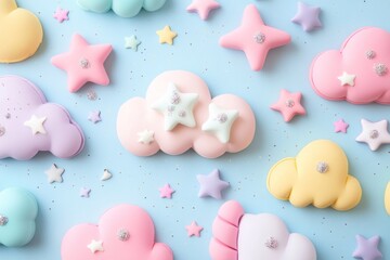 Aufkleber - Pastel Clouds Stars And Glitter Festive Background