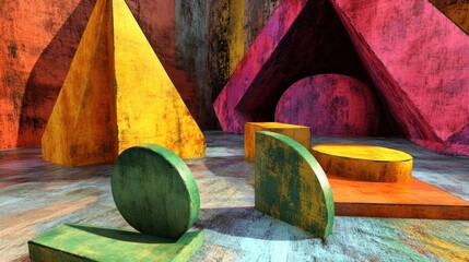 Poster - Abstract Geometric Shapes Colorful Wooden Art Installation
