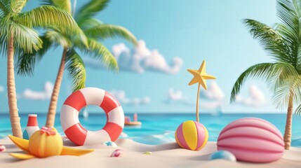 Poster - Tropical Beach Scene With Summer Toys And Palms