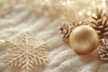 Poster - Festive Gold Ornaments Resting on Soft White Snow