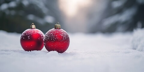 Poster - Two Red Christmas Ornaments Resting In Snowy Winter Scene