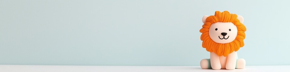 Poster - A stuffed lion is sitting on a table. The lion is orange and white. The background is blue