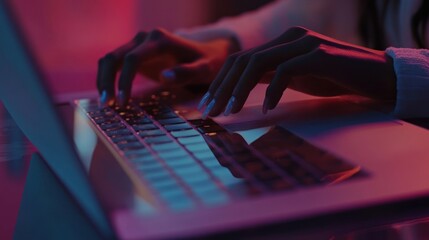 Poster - Woman Using Laptop In Neon Pink And Blue Light