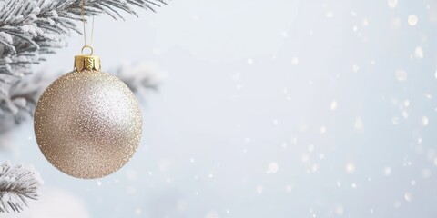 Wall Mural - Gold Christmas Ornament Hanging On Snowy Branch