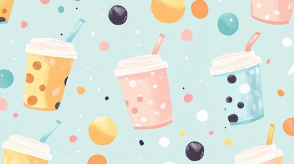 Aufkleber - Colorful Bubble Tea Cups With Straws And Dots
