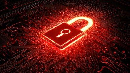 Aufkleber - Glowing Red Padlock on Circuit Board Represents Digital Security