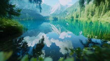 Wall Mural - Mountain Lake Reflecting Sky and Trees